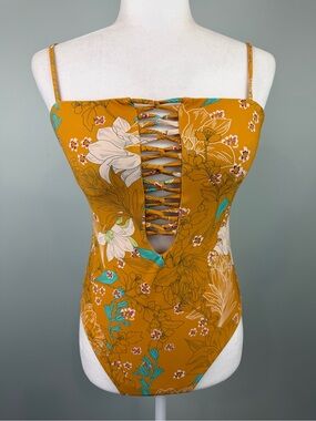 O'Neill Riviera Mustard Floral Lace-Up One-Piece Swimsuit fits like Medium